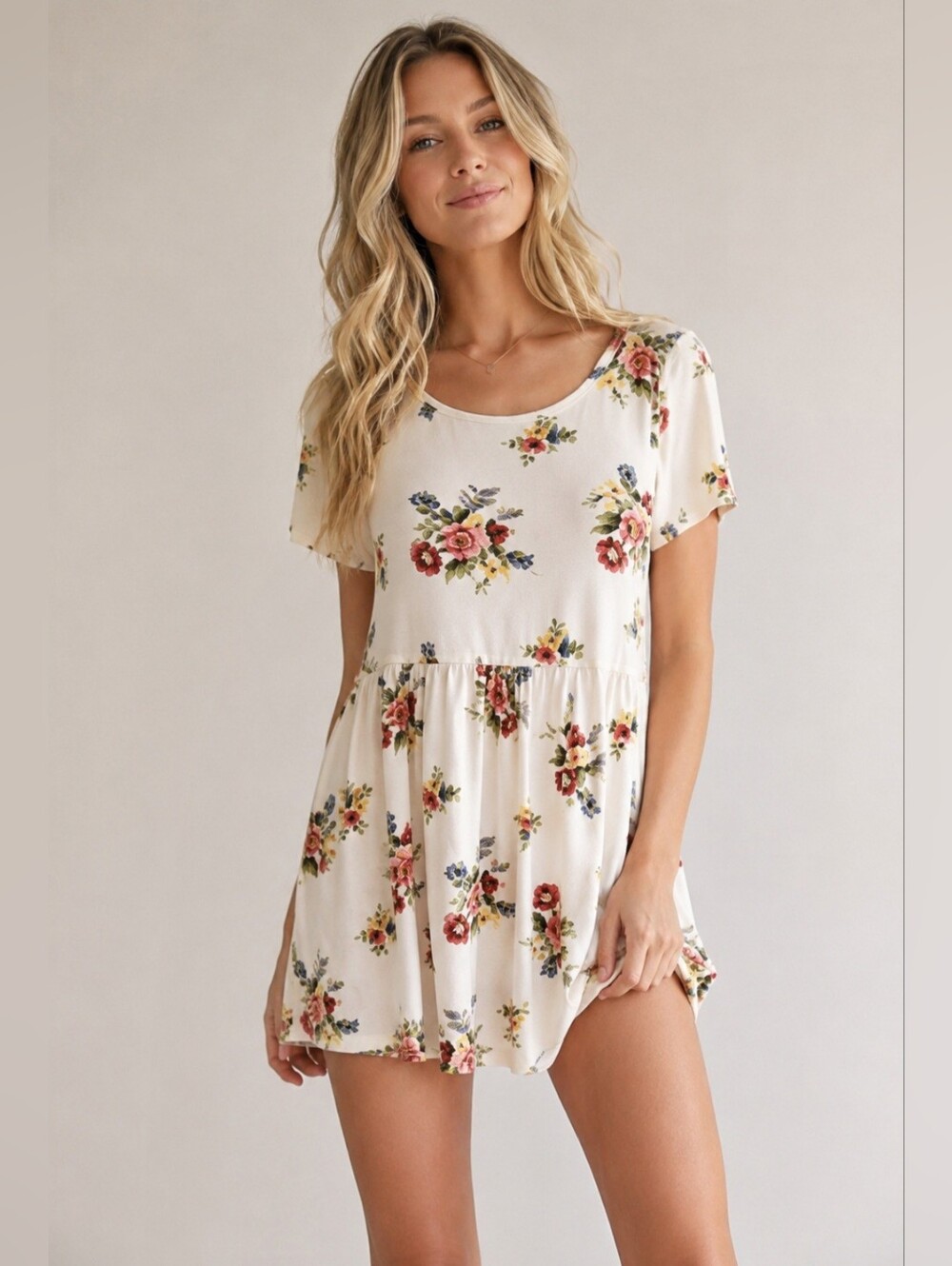 Pink Coconut Floral Baby Doll Mini Tunic Dress - Medium
